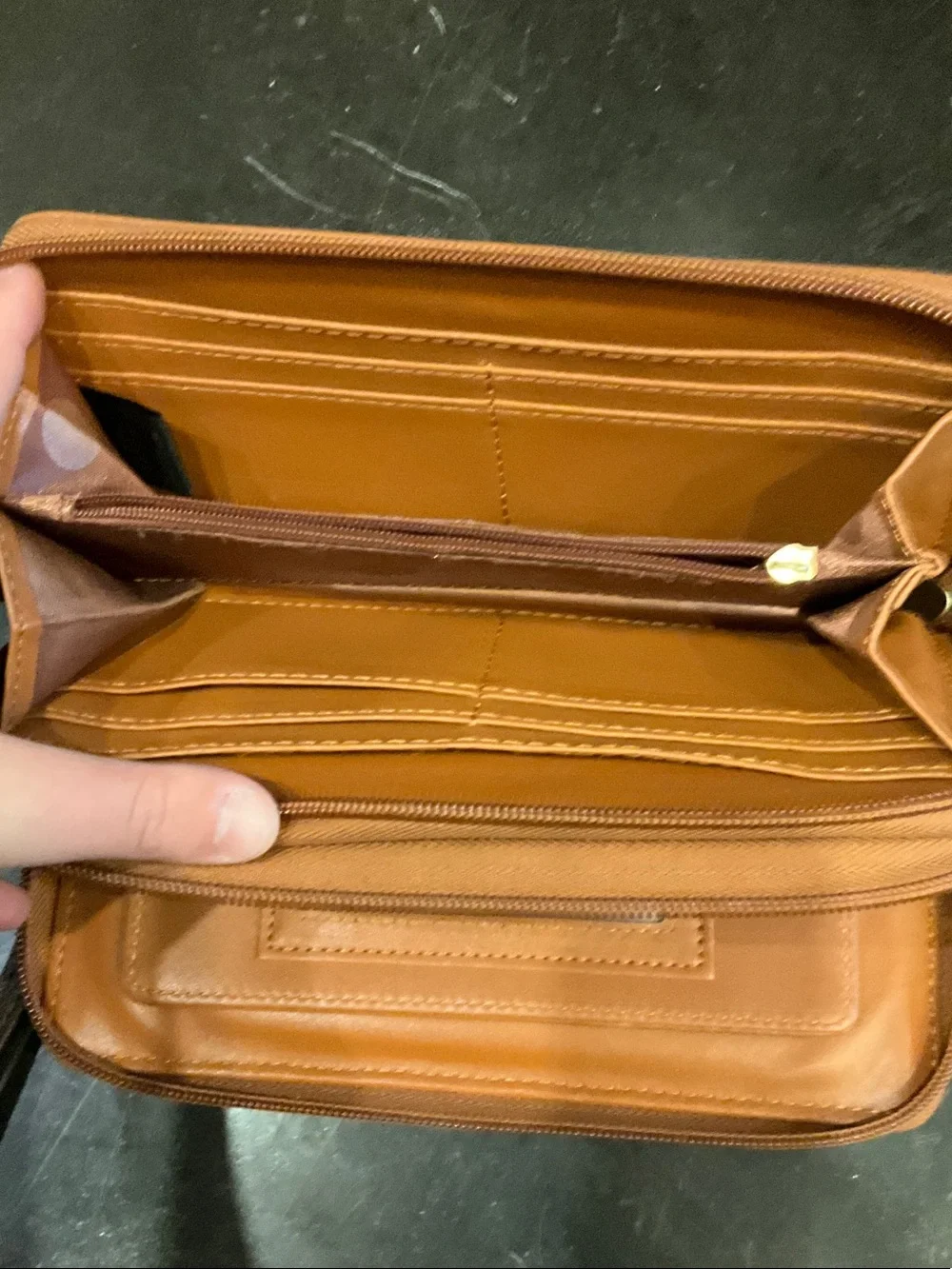 Two-Tone Leather Zip Wristlet Wallet in Tan and Dark Brown